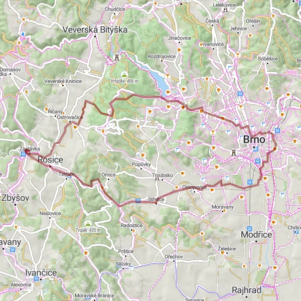 Miniaturní mapa "Gravelová cyklotrasa kolem Zastávky" inspirace pro cyklisty v oblasti Jihovýchod, Czech Republic. Vytvořeno pomocí plánovače tras Tarmacs.app