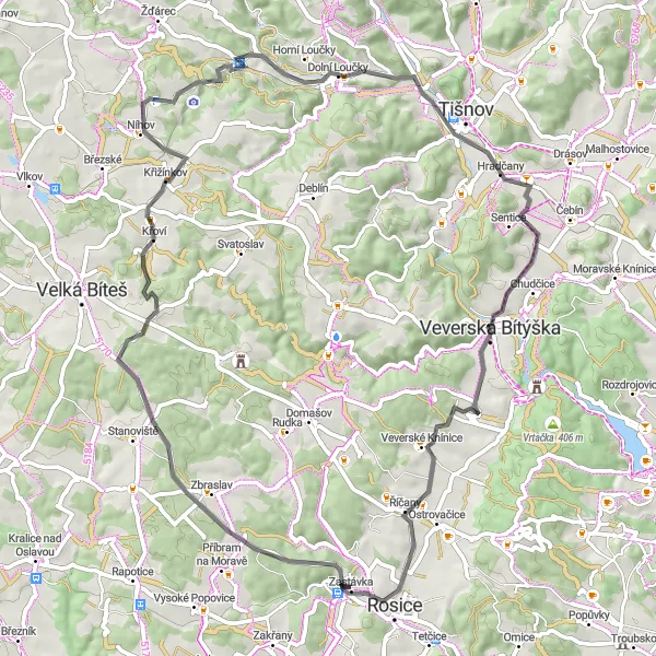 Karten-Miniaturansicht der Radinspiration "Road-Tour durch die hügelige Landschaft" in Jihovýchod, Czech Republic. Erstellt vom Tarmacs.app-Routenplaner für Radtouren
