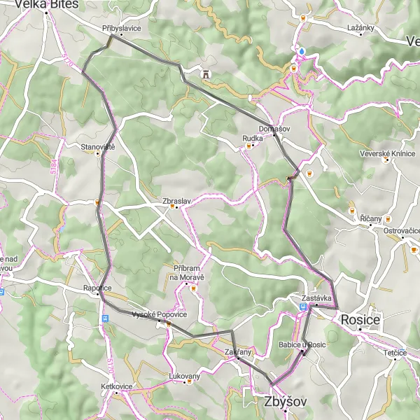 Miniaturní mapa "Cyklostezka přes Vysoké Popovice a Ludvíkov" inspirace pro cyklisty v oblasti Jihovýchod, Czech Republic. Vytvořeno pomocí plánovače tras Tarmacs.app