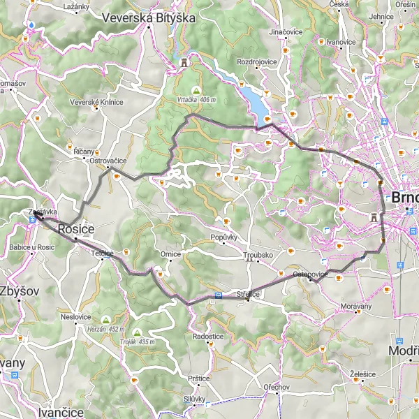 Miniaturní mapa "Okolo Ostrovačic a Štýřic" inspirace pro cyklisty v oblasti Jihovýchod, Czech Republic. Vytvořeno pomocí plánovače tras Tarmacs.app