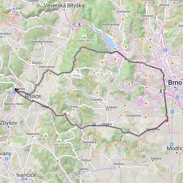 Miniaturní mapa "Okruh přes Ostrovačice a Střelice" inspirace pro cyklisty v oblasti Jihovýchod, Czech Republic. Vytvořeno pomocí plánovače tras Tarmacs.app
