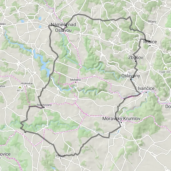 Map miniature of "The Rosice & Vémyslice Epic Road Odyssey" cycling inspiration in Jihovýchod, Czech Republic. Generated by Tarmacs.app cycling route planner