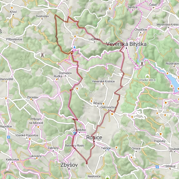 Miniaturní mapa "Gravelová výprava do okolí Zbýšova" inspirace pro cyklisty v oblasti Jihovýchod, Czech Republic. Vytvořeno pomocí plánovače tras Tarmacs.app