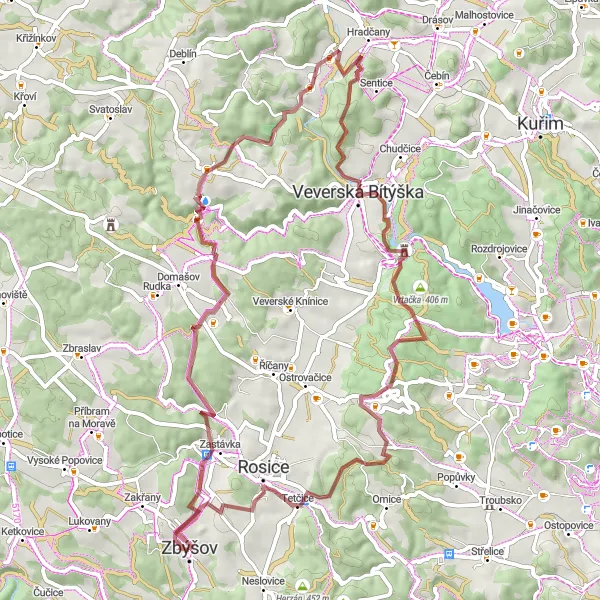 Mapa miniatúra "Gravel cesta na kole okolo Zbýšova" cyklistická inšpirácia v Jihovýchod, Czech Republic. Vygenerované cyklistickým plánovačom trás Tarmacs.app