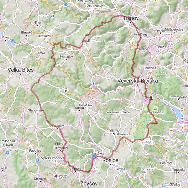Karten-Miniaturansicht der Radinspiration "Gravel-Tour um Zbýšov" in Jihovýchod, Czech Republic. Erstellt vom Tarmacs.app-Routenplaner für Radtouren