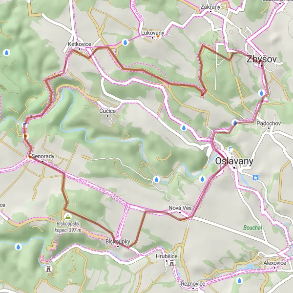 Miniaturní mapa "Gravelový okruh přes Biskoupky, Malou skálu a Ketkovice" inspirace pro cyklisty v oblasti Jihovýchod, Czech Republic. Vytvořeno pomocí plánovače tras Tarmacs.app