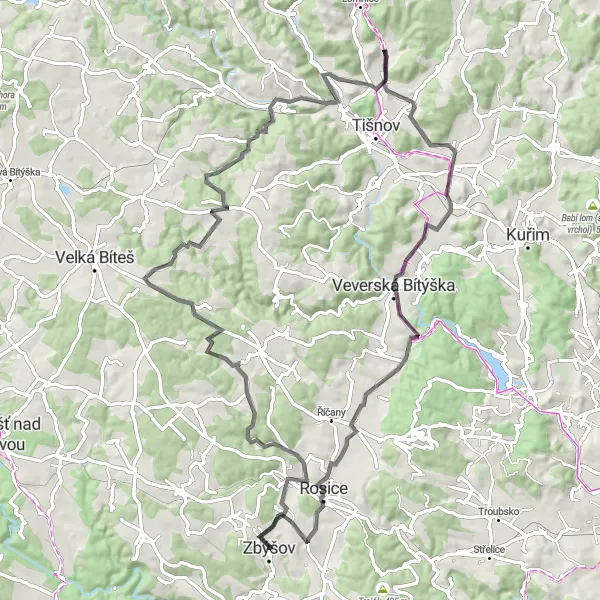 Mapa miniatúra "Cyklotrasa Road kolem Zbýšova" cyklistická inšpirácia v Jihovýchod, Czech Republic. Vygenerované cyklistickým plánovačom trás Tarmacs.app