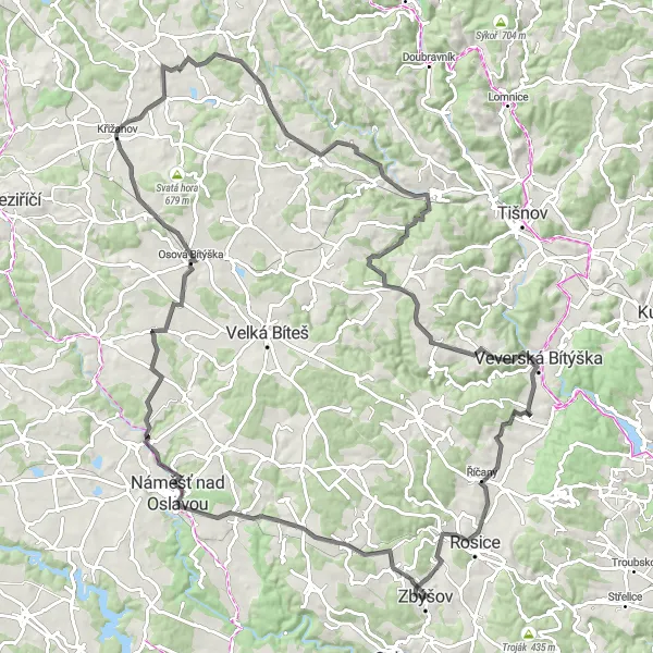 Karten-Miniaturansicht der Radinspiration "Hügelige Straßen um Zbýšov" in Jihovýchod, Czech Republic. Erstellt vom Tarmacs.app-Routenplaner für Radtouren
