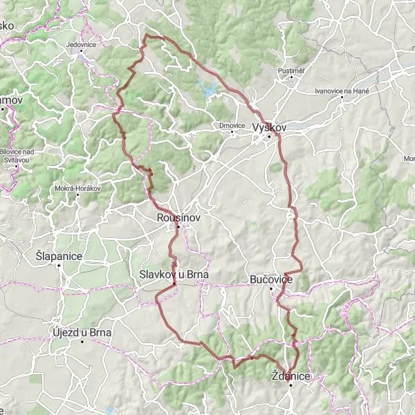 Map miniature of "The Gravel Trails Adventure" cycling inspiration in Jihovýchod, Czech Republic. Generated by Tarmacs.app cycling route planner