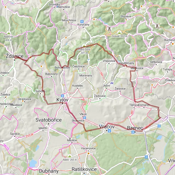 Miniatura mapy "Przejazd gravelowy przez Malá Ostrá i Bzenec" - trasy rowerowej w Jihovýchod, Czech Republic. Wygenerowane przez planer tras rowerowych Tarmacs.app