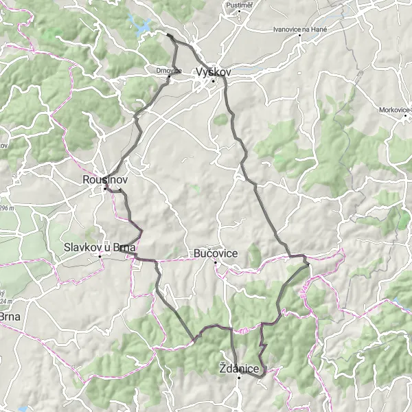 Map miniature of "The Vineyards and Valleys Route" cycling inspiration in Jihovýchod, Czech Republic. Generated by Tarmacs.app cycling route planner