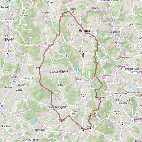 Miniaturní mapa "Cyklotrasa Želetava - Bítovánky" inspirace pro cyklisty v oblasti Jihovýchod, Czech Republic. Vytvořeno pomocí plánovače tras Tarmacs.app