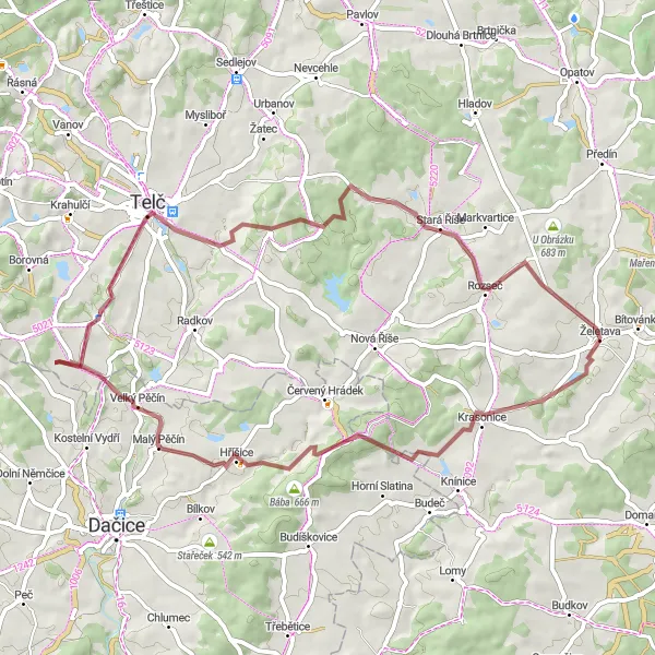 Miniatura mapy "Trasa Velký Pěčín" - trasy rowerowej w Jihovýchod, Czech Republic. Wygenerowane przez planer tras rowerowych Tarmacs.app