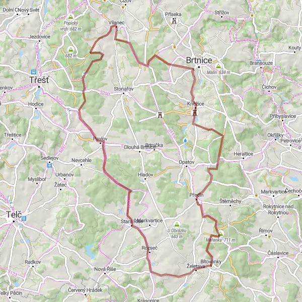 Mapa miniatúra "Náročná gravelová trasa přes Vílanec" cyklistická inšpirácia v Jihovýchod, Czech Republic. Vygenerované cyklistickým plánovačom trás Tarmacs.app