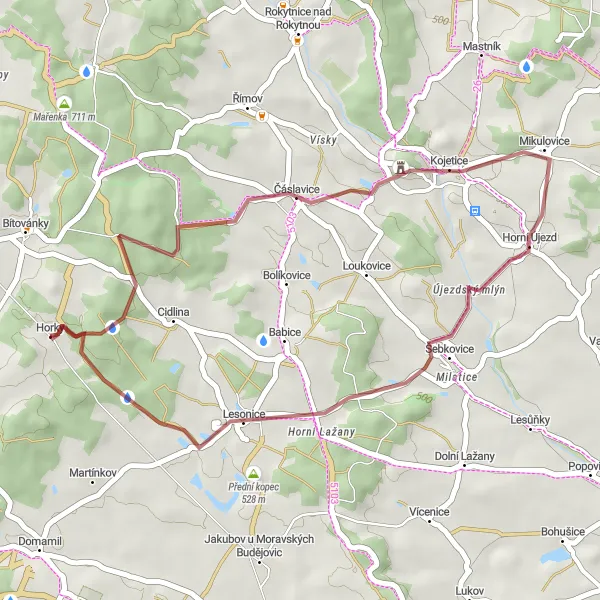 Mapa miniatúra "Gravelová cyklotrasa přes Lesonice" cyklistická inšpirácia v Jihovýchod, Czech Republic. Vygenerované cyklistickým plánovačom trás Tarmacs.app