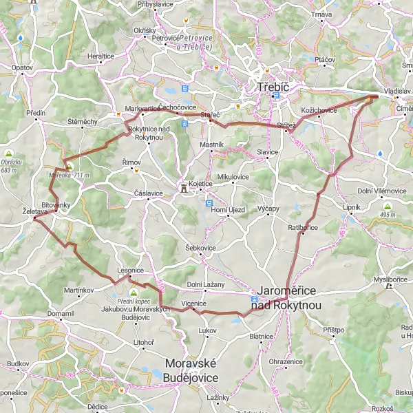 Karten-Miniaturansicht der Radinspiration "Kultur- und Naturtour bei Kožichovice" in Jihovýchod, Czech Republic. Erstellt vom Tarmacs.app-Routenplaner für Radtouren