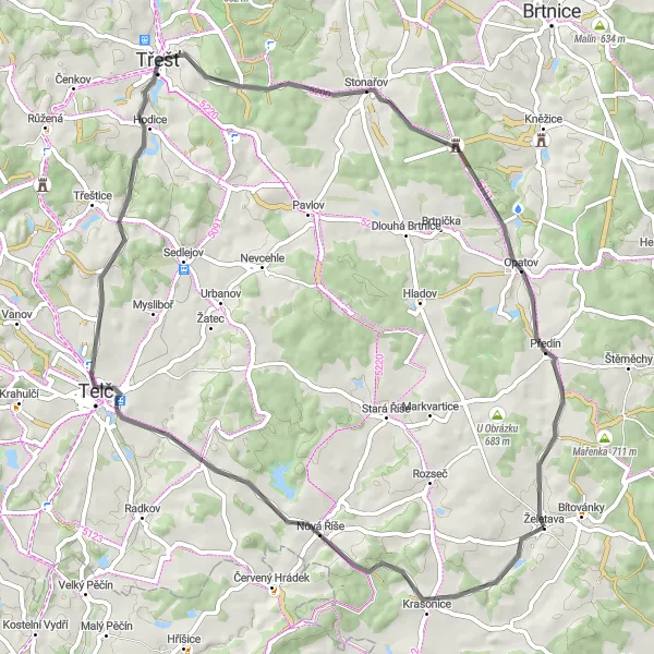 Mapa miniatúra "Road cyklotrasa přes Mistrovský kopec" cyklistická inšpirácia v Jihovýchod, Czech Republic. Vygenerované cyklistickým plánovačom trás Tarmacs.app