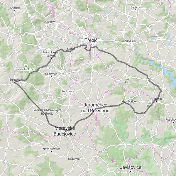 Miniaturní mapa "Cyklistická trasa okolo Želetavy" inspirace pro cyklisty v oblasti Jihovýchod, Czech Republic. Vytvořeno pomocí plánovače tras Tarmacs.app