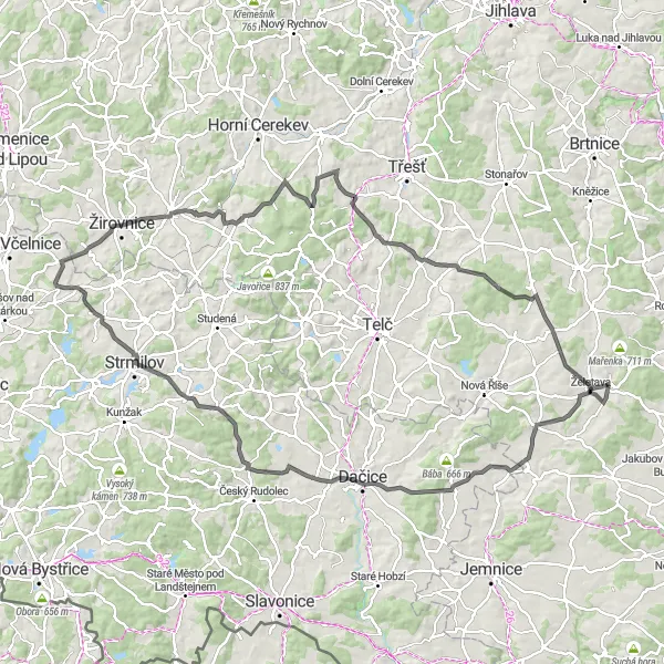 Miniatura mapy "Wycieczka rowerowa dookoła Želetava" - trasy rowerowej w Jihovýchod, Czech Republic. Wygenerowane przez planer tras rowerowych Tarmacs.app