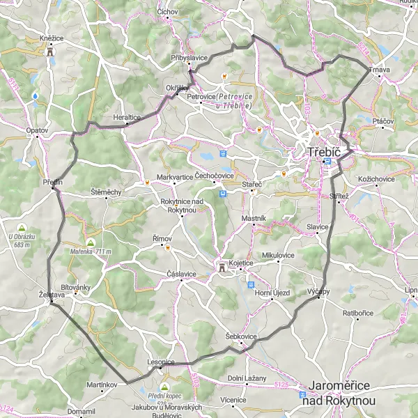 Karten-Miniaturansicht der Radinspiration "Radtour durch Želetava und Lesonice" in Jihovýchod, Czech Republic. Erstellt vom Tarmacs.app-Routenplaner für Radtouren