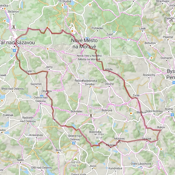 Mapa miniatúra "Gravel trasa so zaujímavými zastávkami" cyklistická inšpirácia v Jihovýchod, Czech Republic. Vygenerované cyklistickým plánovačom trás Tarmacs.app