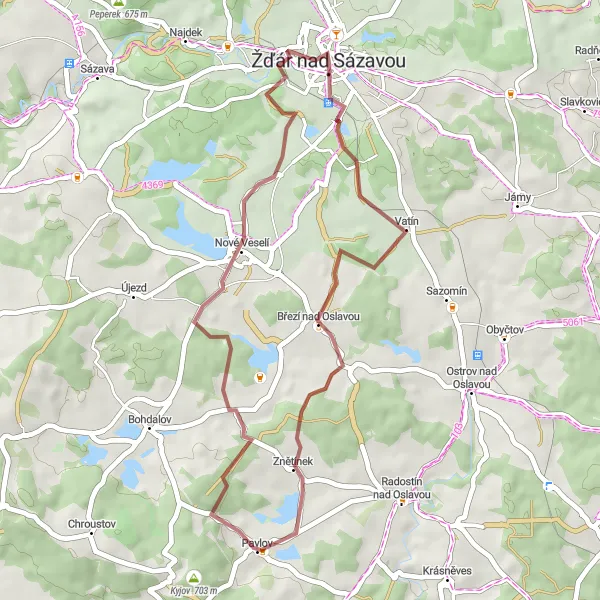 Mapa miniatúra "Gravel trail to Nové Veselí" cyklistická inšpirácia v Jihovýchod, Czech Republic. Vygenerované cyklistickým plánovačom trás Tarmacs.app