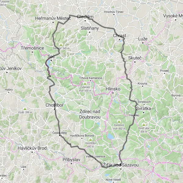 Miniaturní mapa "Road Bike Adventura" inspirace pro cyklisty v oblasti Jihovýchod, Czech Republic. Vytvořeno pomocí plánovače tras Tarmacs.app