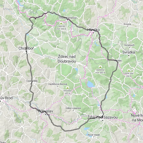 Mapa miniatúra "Kotlina Žďárska a okolí" cyklistická inšpirácia v Jihovýchod, Czech Republic. Vygenerované cyklistickým plánovačom trás Tarmacs.app
