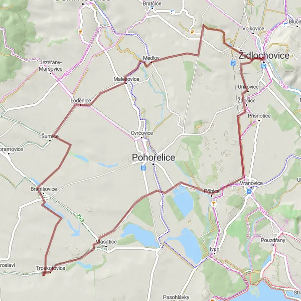 Miniaturní mapa "Gravelová výprava k Židlochovicím" inspirace pro cyklisty v oblasti Jihovýchod, Czech Republic. Vytvořeno pomocí plánovače tras Tarmacs.app