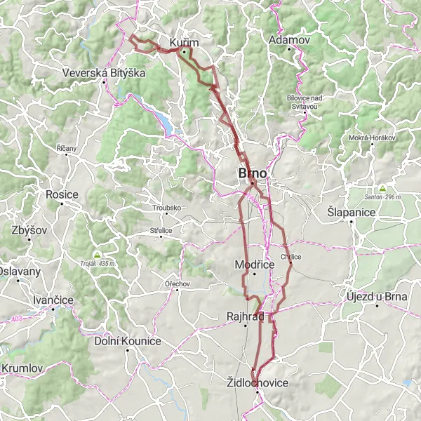 Miniaturní mapa "Gravel okruh Brnem" inspirace pro cyklisty v oblasti Jihovýchod, Czech Republic. Vytvořeno pomocí plánovače tras Tarmacs.app