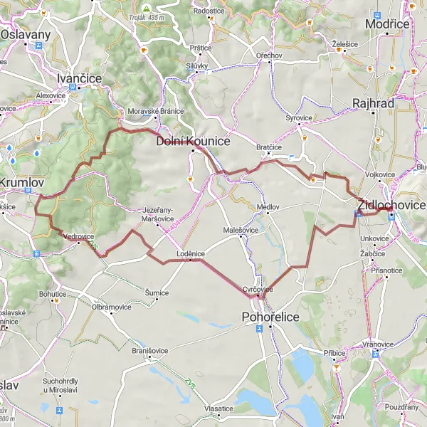 Miniaturní mapa "Gravel trasa kolem Hrušovan" inspirace pro cyklisty v oblasti Jihovýchod, Czech Republic. Vytvořeno pomocí plánovače tras Tarmacs.app