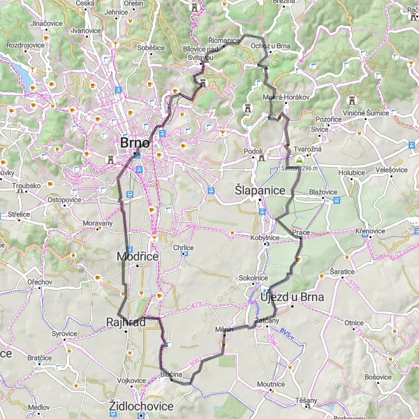 Miniaturní mapa "Výlet okolo Rajhradic a Prackého kopce" inspirace pro cyklisty v oblasti Jihovýchod, Czech Republic. Vytvořeno pomocí plánovače tras Tarmacs.app