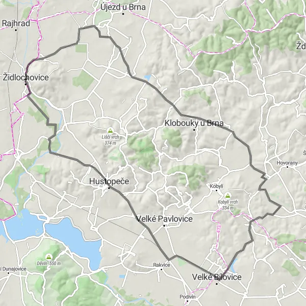 Miniaturní mapa "Kruh kolem Velkých Bílovic" inspirace pro cyklisty v oblasti Jihovýchod, Czech Republic. Vytvořeno pomocí plánovače tras Tarmacs.app