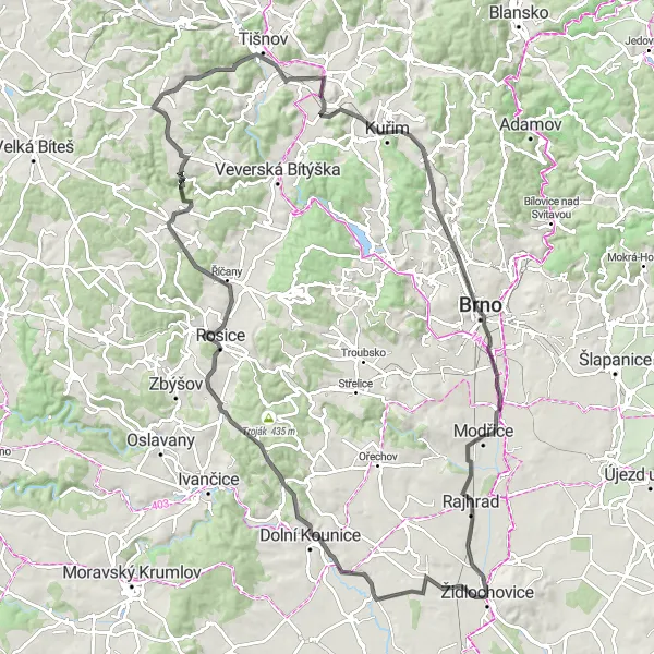 Karten-Miniaturansicht der Radinspiration "Historische Dörfer und Burgen-Tour" in Jihovýchod, Czech Republic. Erstellt vom Tarmacs.app-Routenplaner für Radtouren