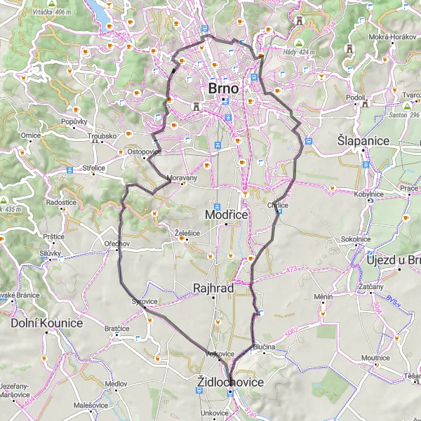 Miniaturní mapa "Roadbike dobrodružství s výhledy" inspirace pro cyklisty v oblasti Jihovýchod, Czech Republic. Vytvořeno pomocí plánovače tras Tarmacs.app