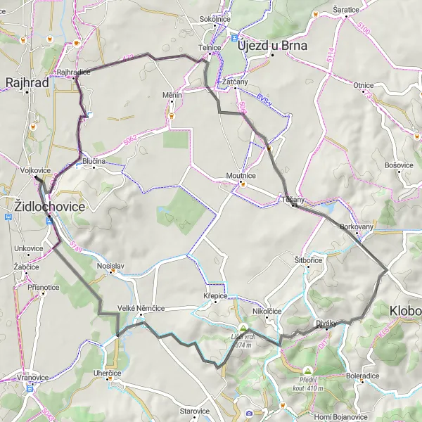 Miniaturní mapa "Z Židlochovic k okolí Otmarova" inspirace pro cyklisty v oblasti Jihovýchod, Czech Republic. Vytvořeno pomocí plánovače tras Tarmacs.app