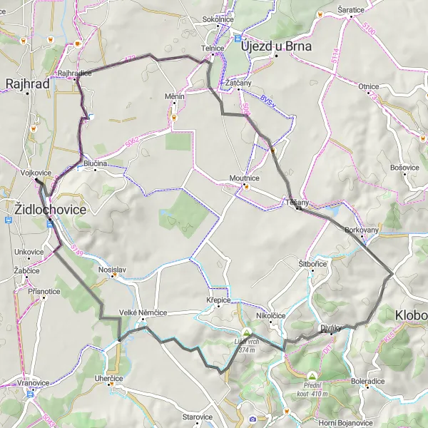 Mapa miniatúra "Okruh kolem Židlochovic" cyklistická inšpirácia v Jihovýchod, Czech Republic. Vygenerované cyklistickým plánovačom trás Tarmacs.app