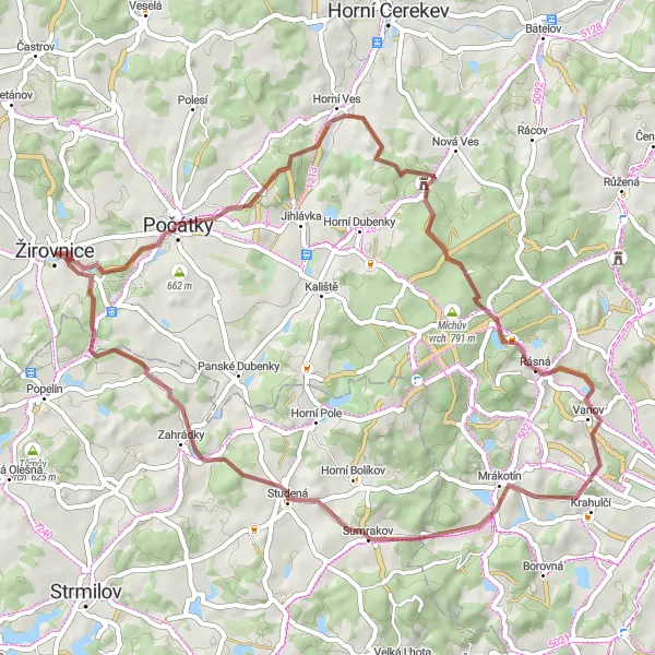 Miniaturní mapa "Gravelová exkurze do Ještěnic" inspirace pro cyklisty v oblasti Jihovýchod, Czech Republic. Vytvořeno pomocí plánovače tras Tarmacs.app