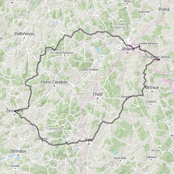 Miniaturní mapa "Kolem Žirovnice a Jihlavy" inspirace pro cyklisty v oblasti Jihovýchod, Czech Republic. Vytvořeno pomocí plánovače tras Tarmacs.app