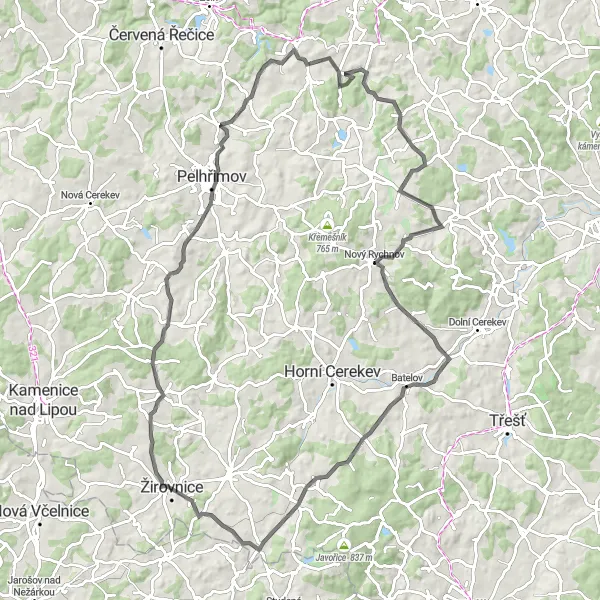 Mapa miniatúra "Zelený vrch loop" cyklistická inšpirácia v Jihovýchod, Czech Republic. Vygenerované cyklistickým plánovačom trás Tarmacs.app