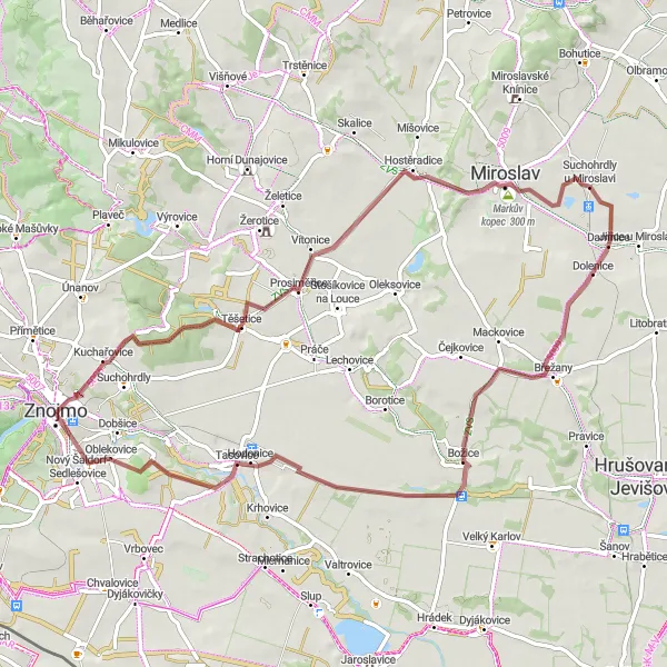Miniaturní mapa "Gravelový okruh okolo Znojma" inspirace pro cyklisty v oblasti Jihovýchod, Czech Republic. Vytvořeno pomocí plánovače tras Tarmacs.app