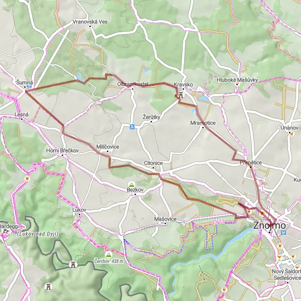 Miniaturní mapa "Gravelová trasa k Znojemskému hradu" inspirace pro cyklisty v oblasti Jihovýchod, Czech Republic. Vytvořeno pomocí plánovače tras Tarmacs.app