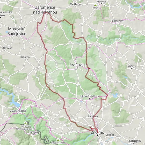 Miniaturní mapa "Gravelový okruh kolem Znojma" inspirace pro cyklisty v oblasti Jihovýchod, Czech Republic. Vytvořeno pomocí plánovače tras Tarmacs.app