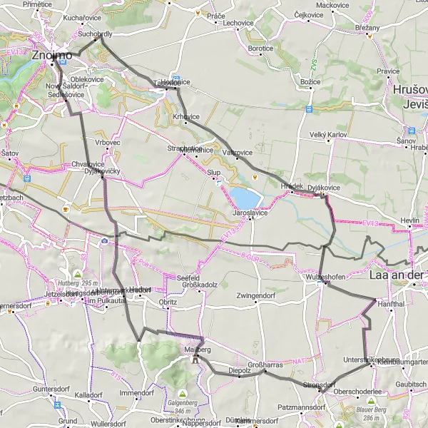 Mapa miniatúra "Okruhová cyklistická trasa pre horské bicykle zo Znojma" cyklistická inšpirácia v Jihovýchod, Czech Republic. Vygenerované cyklistickým plánovačom trás Tarmacs.app