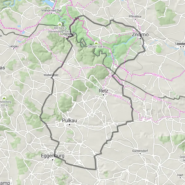 Mapa miniatúra "Cyklo okruh k věžím kolem Znojma" cyklistická inšpirácia v Jihovýchod, Czech Republic. Vygenerované cyklistickým plánovačom trás Tarmacs.app