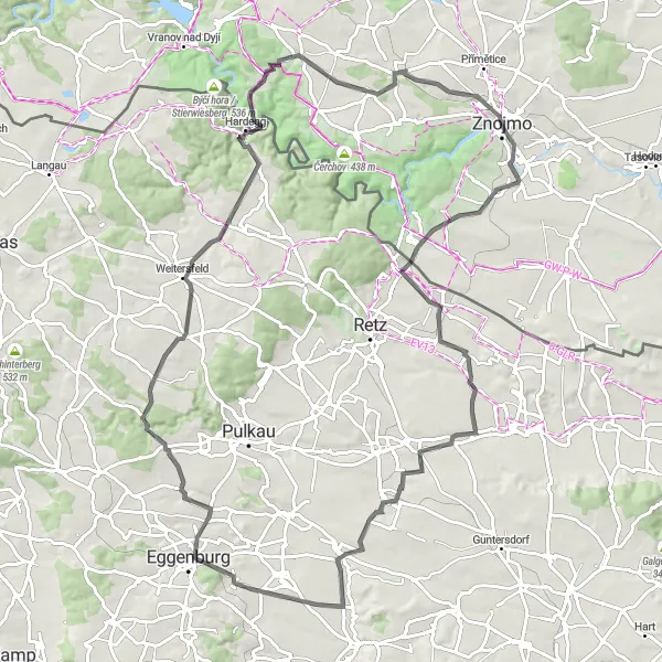 Map miniature of "Znojmo - Vlkova věž - Unterretzbach - Pernersdorf - LIFE+ Großtrappe Roseldorf - Mühlberg - Missingdorf - Hardegg - Henner - Horní Břečkov - Radniční věž - Znojmo" cycling inspiration in Jihovýchod, Czech Republic. Generated by Tarmacs.app cycling route planner