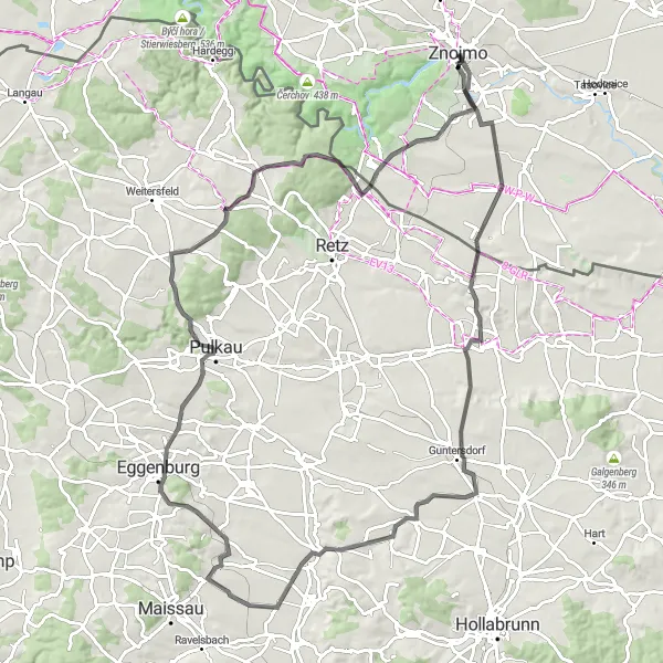 Miniaturní mapa "Cyklostezka Znojmo-Roseldorf-Hardegg" inspirace pro cyklisty v oblasti Jihovýchod, Czech Republic. Vytvořeno pomocí plánovače tras Tarmacs.app