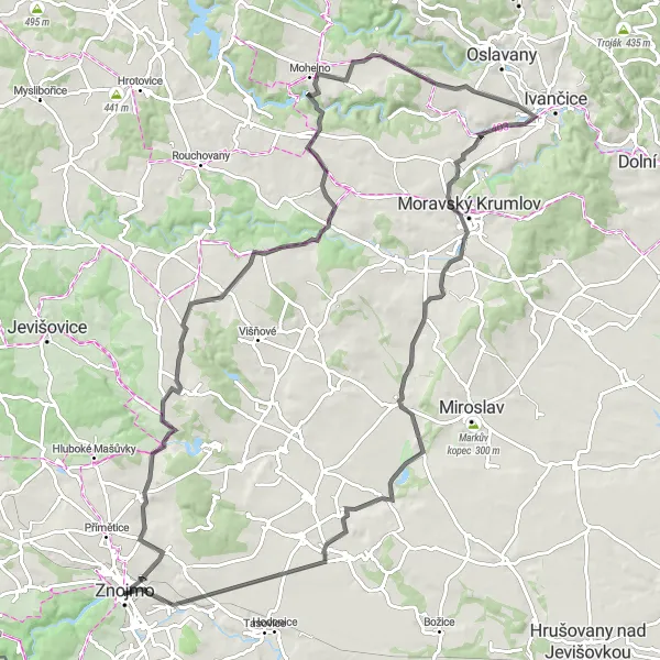 Mapa miniatúra "Cyklotrasa pre horské bicykle cez okolie Znojma" cyklistická inšpirácia v Jihovýchod, Czech Republic. Vygenerované cyklistickým plánovačom trás Tarmacs.app