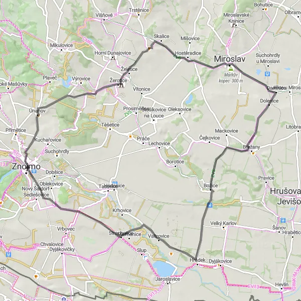 Map miniature of "Znojmo - Chlupice - Božice - Strachotice - Nový Šaldorf-Sedlešovice - Vlkova věž - Znojmo" cycling inspiration in Jihovýchod, Czech Republic. Generated by Tarmacs.app cycling route planner