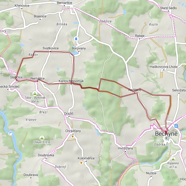 Miniaturní mapa "Krásná gravelová cesta kolem Bechyně" inspirace pro cyklisty v oblasti Jihozápad, Czech Republic. Vytvořeno pomocí plánovače tras Tarmacs.app